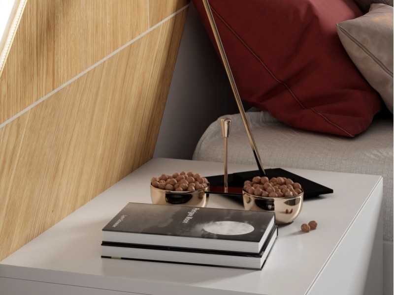 Lacquered headboard with oak marquetry details, 2-drawer tables and LED light - SUZETTE