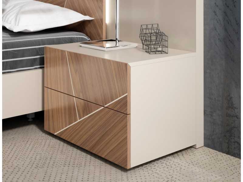 Lacquered headboard with oak marquetry details, 2-drawer tables and LED light - SUZETTE