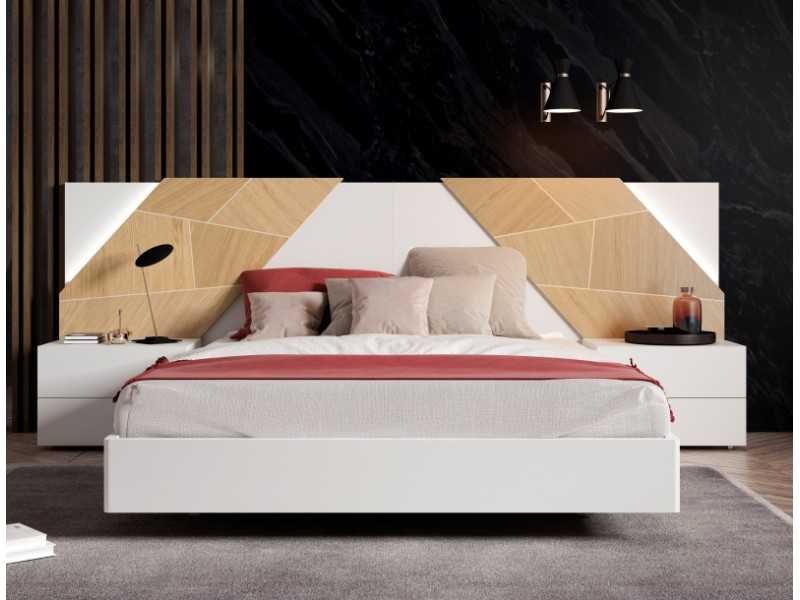 Complete lacquered bed with wood details, bedside tables with 2 drawers, suspension bed base and LED light - SUZETTE
