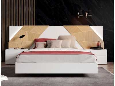 Cama completa lacada con detalles en marquetería de roble ,mesitas 2 cajones , base de cama volada y luz led - SUZETTE Cama completa lacada con detalles en marquetería de roble ,mesitas 2 cajones , base de cama volada y luz led - SUZETTE
