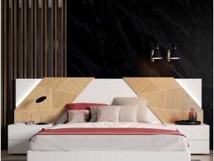 Complete lacquered bed with wood details, bedside tables with 2 drawers, suspension bed base and LED light - SUZETTE 2