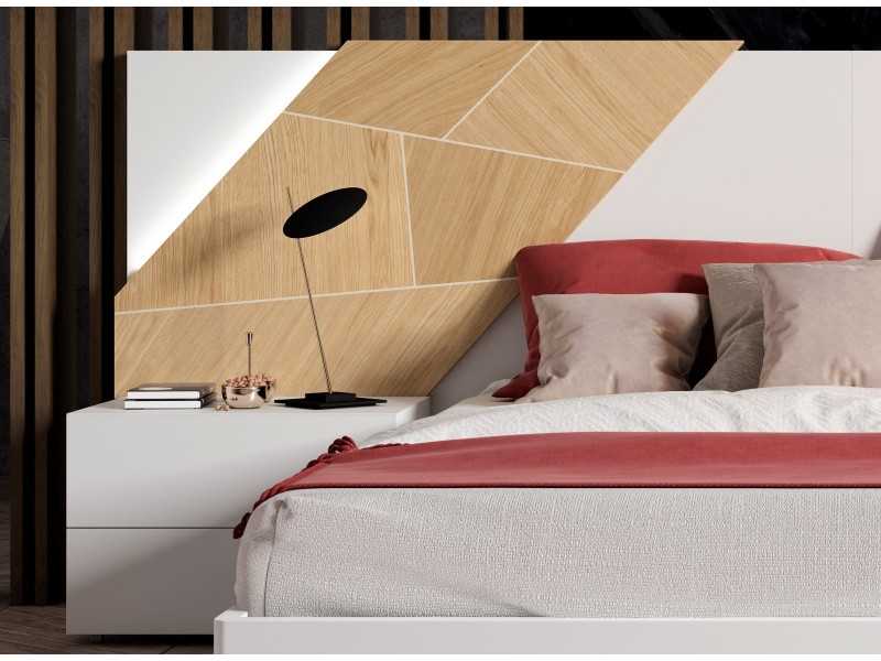 Complete lacquered bed with wood details, bedside tables with 2 drawers, suspension bed base and LED light - SUZETTE