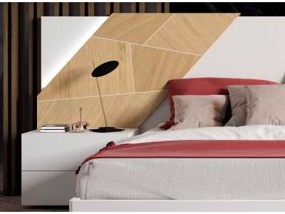 Cama completa lacada con detalles en marquetería de roble ,mesitas 2 cajones , base de cama volada y luz led - SUZETTE Cama completa lacada con detalles en marquetería de roble ,mesitas 2 cajones , base de cama volada y luz led - SUZETTE