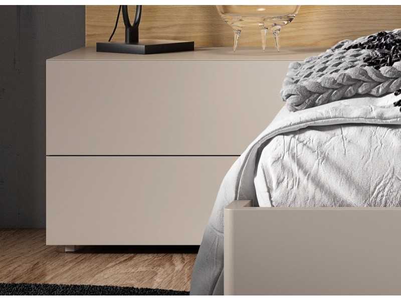Complete lacquered bed with wood details, bedside tables with 2 drawers, suspension bed base and LED light - SUZETTE