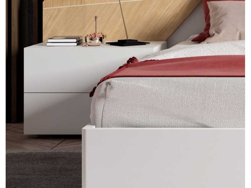 Complete lacquered bed with wood details, bedside tables with 2 drawers, suspension bed base and LED light - SUZETTE