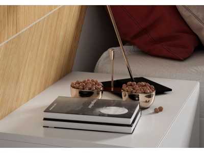 Cama completa lacada con detalles en marquetería de roble ,mesitas 2 cajones , base de cama volada y luz led - SUZETTE Cama completa lacada con detalles en marquetería de roble ,mesitas 2 cajones , base de cama volada y luz led - SUZETTE