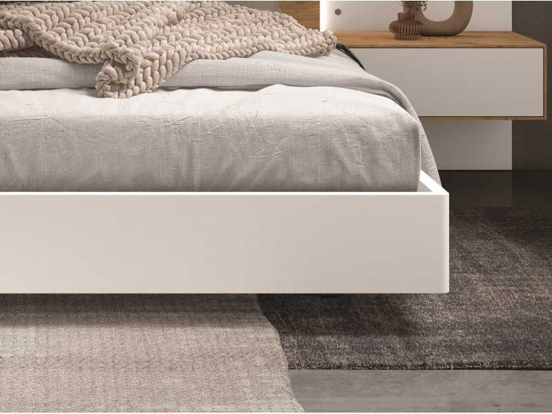 Cama completa lacada con detalles en marquetería de roble ,mesitas 2 cajones , base de cama volada y luz led - SUZETTE