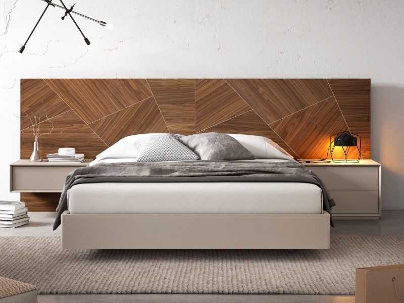 Complete designer bed with walnut headboard, 2 bedside tables 1-drawer and lacquered bed base - AIXA