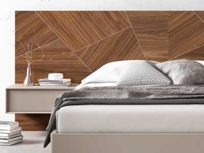 Lit design complet avec tête de lit en noyer, 2 chevets 1 tiroir et sommier laqué - AIXA