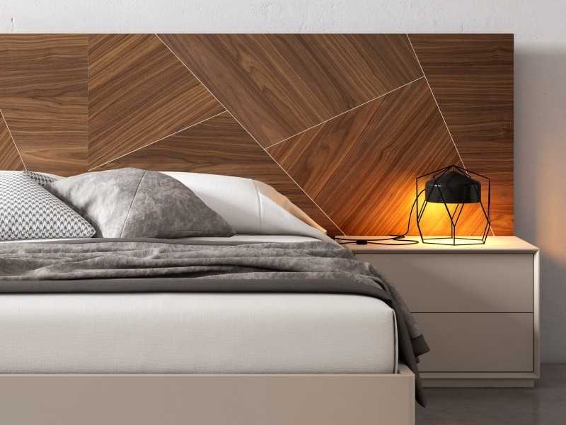 Cama completa de diseño con cabecero en nogal, 2 mesitas de noche de 1 cajón y base de cama volada y lacada - AIXA