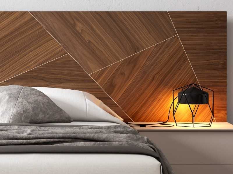 Cama completa de diseño con cabecero en nogal, 2 mesitas de noche de 1 cajón y base de cama volada y lacada - AIXA