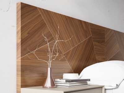 Lit design complet avec tête de lit en noyer, 2 chevets 1 tiroir et sommier laqué - AIXA