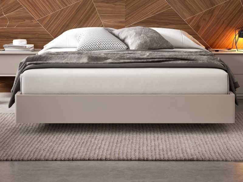 Cama completa de diseño con cabecero en nogal, 2 mesitas de noche de 1 cajón y base de cama volada y lacada - AIXA