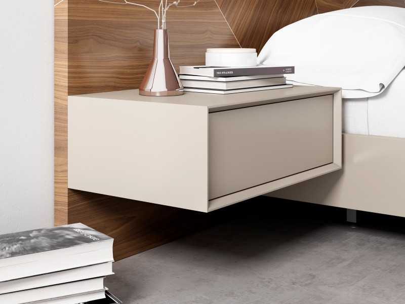 Cama completa de diseño con cabecero en nogal, 2 mesitas de noche de 1 cajón y base de cama volada y lacada - AIXA