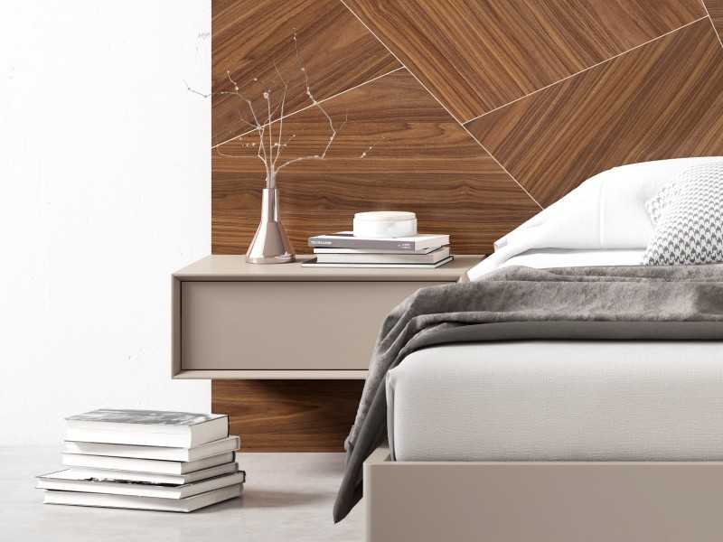 Cama completa de diseño con cabecero en nogal, 2 mesitas de noche de 1 cajón y base de cama volada y lacada - AIXA