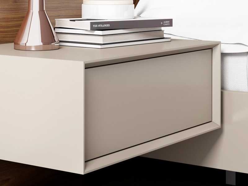 Lit design complet avec tête de lit en noyer, 2 chevets 1 tiroir et sommier laqué - AIXA