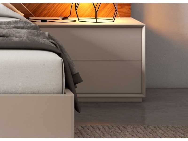 Cama completa de diseño con cabecero en nogal, 2 mesitas de noche de 1 cajón y base de cama volada y lacada - AIXA