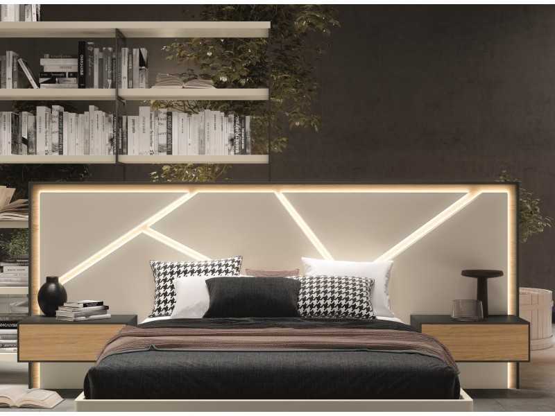 Tête de lit en chêne et plafonniers laqués avec éclairage LED et tables 1 tiroir - LOM