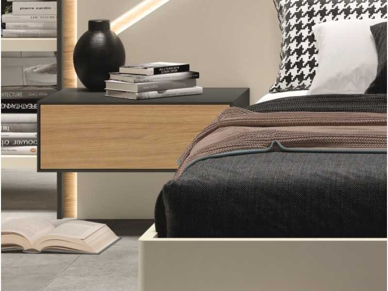 Oak headboard and lacquered ceiling lights with LED light and 1-drawer tables - LOM
