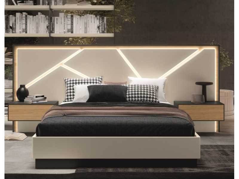 Lit complet de design moderne en chêne et laqué avec éclairage LED, tables de chevet et coffre de lit - LOM