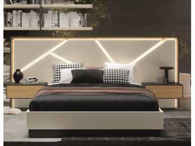 Cama completa de diseño en roble y lacados con luz led, mesitas y canapé abatible - LOM