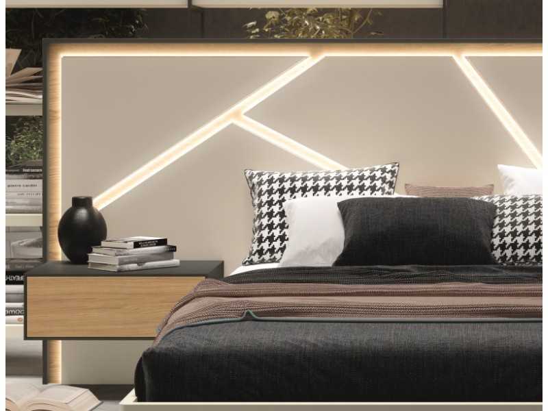Lit complet de design moderne en chêne et laqué avec éclairage LED, tables de chevet et coffre de lit - LOM