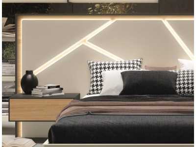 Lit design complet en chêne et finitions laquées avec éclairage LED, tables de chevet et sommier coffre relevable - LOM