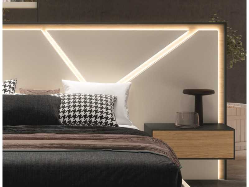 Cama completa de diseño moderno en roble y lacado con luz led, mesitas y canapé abatible - LOM