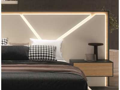 Complete designer bed in oak and lacquered finishes with LED lighting, bedside tables and lift-up storage base - LOM