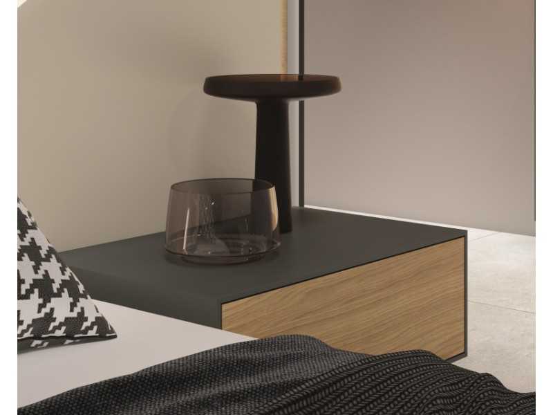 Complete designer bed in oak and lacquered finishes with LED lighting, bedside tables and lift-up storage base - LOM