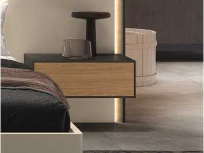 Complete designer bed in oak and lacquered finishes with LED lighting, bedside tables and lift-up storage base - LOM