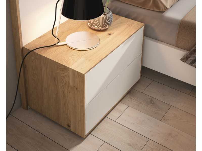 Cama completa de diseño moderno en roble y lacado con luz led, mesitas y canapé abatible - LOM