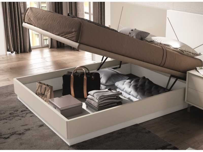 Cama completa de diseño moderno en roble y lacado con luz led, mesitas y canapé abatible - LOM