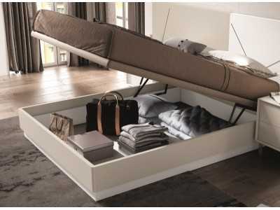 Lit design complet en chêne et finitions laquées avec éclairage LED, tables de chevet et sommier coffre relevable - LOM