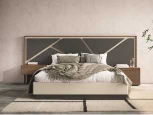 Cama completa de diseño moderno en nogal y lacado con luz led, mesitas y canapé abatible - FINN