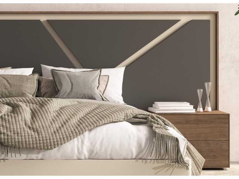 Cama completa de diseño moderno en nogal y lacado con luz led, mesitas y canapé abatible - FINN