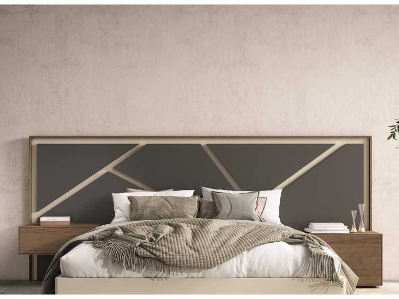 Lit complet de design moderne en noyer et laque avec lumière LED, tables de chevet et coffre de lit - FINN