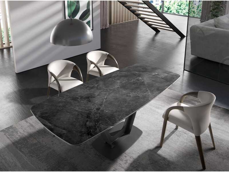 Mesa de comedor extensible con tapa porcelánico y base en acero inoxidable - EIRA