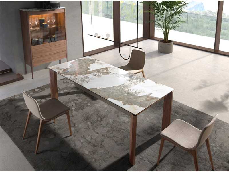 Rectangular and extendable dining table with porcelain top and walnut bases - ABAAD