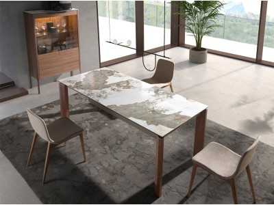 Rectangular and extendable dining table with porcelain top and walnut bases - ABAAD