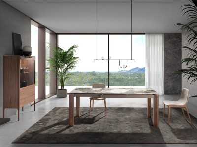 Rectangular and extendable dining table with porcelain top and walnut bases - ABAAD