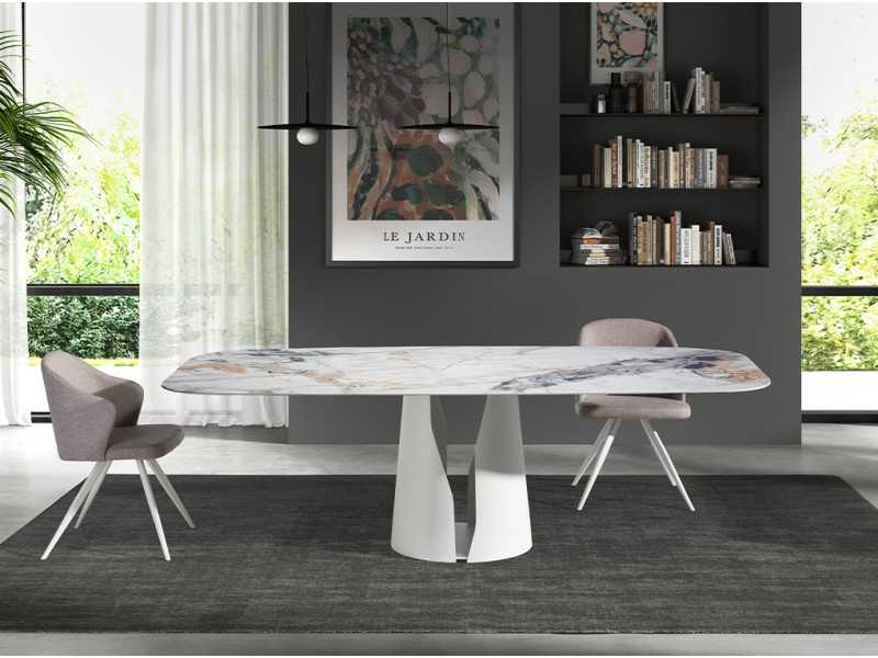Table fixe avec plateau ovale en porcelaine et piètement en acier laqué blanc - WALID