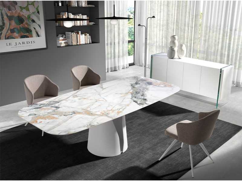 Mesa fija con tapa ovalada en porcelánico y base en acero lacado blanco - WALID