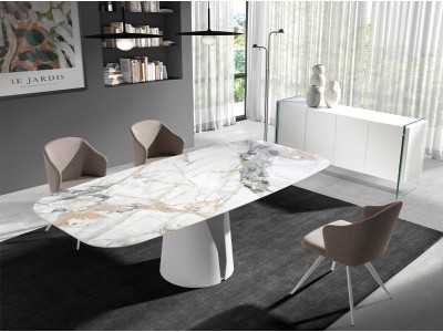 Mesa fija con tapa ovalada en porcelánico y base en acero lacado blanco - WALID