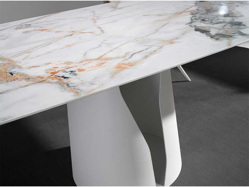 Mesa fija con tapa ovalada en porcelánico y base en acero lacado blanco - WALID