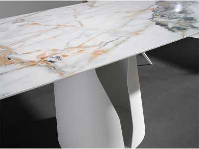 Mesa fija con tapa ovalada en porcelánico y base en acero lacado blanco - WALID