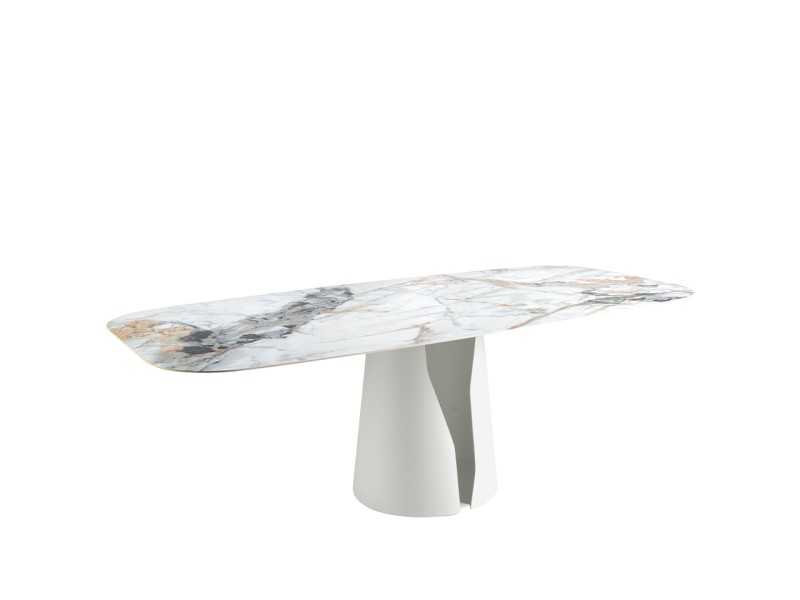 Table fixe avec plateau ovale en porcelaine et piètement en acier laqué blanc - WALID