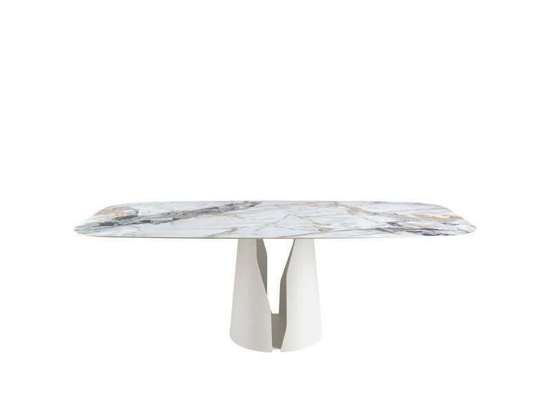 Table fixe avec plateau ovale en porcelaine et piètement en acier laqué blanc - WALID