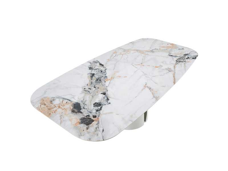 Mesa fija con tapa ovalada en porcelánico y base en acero lacado blanco - WALID