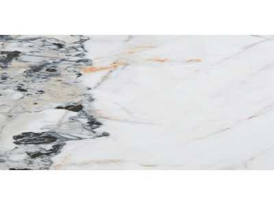 Mesa fija con tapa ovalada en porcelánico y base en acero lacado blanco - WALID